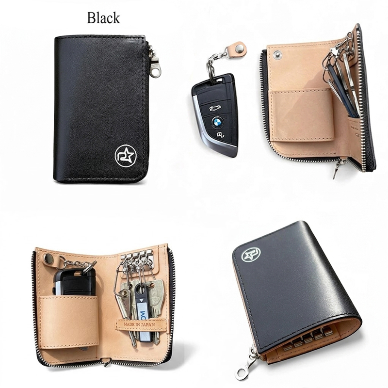 【ブラック】 Revolla 国産本革 ラウンドジップ ハーフオープン スマートキーケース ファッション ファッション雑貨 安心 コンパクト 鍵 キーケース ケース スマート 安全 防